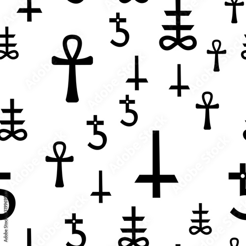 Occultism print with gothic magic signs - cross. Seamless pattern. Linear black drawing.