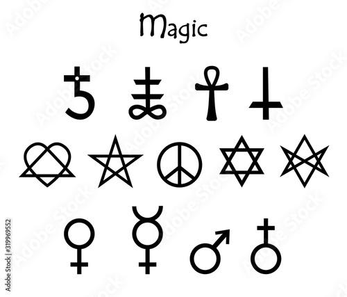 Occultism set with gothic  mystery symbols - cross, crystal, hexagram, pentagram.  Linear black drawing.