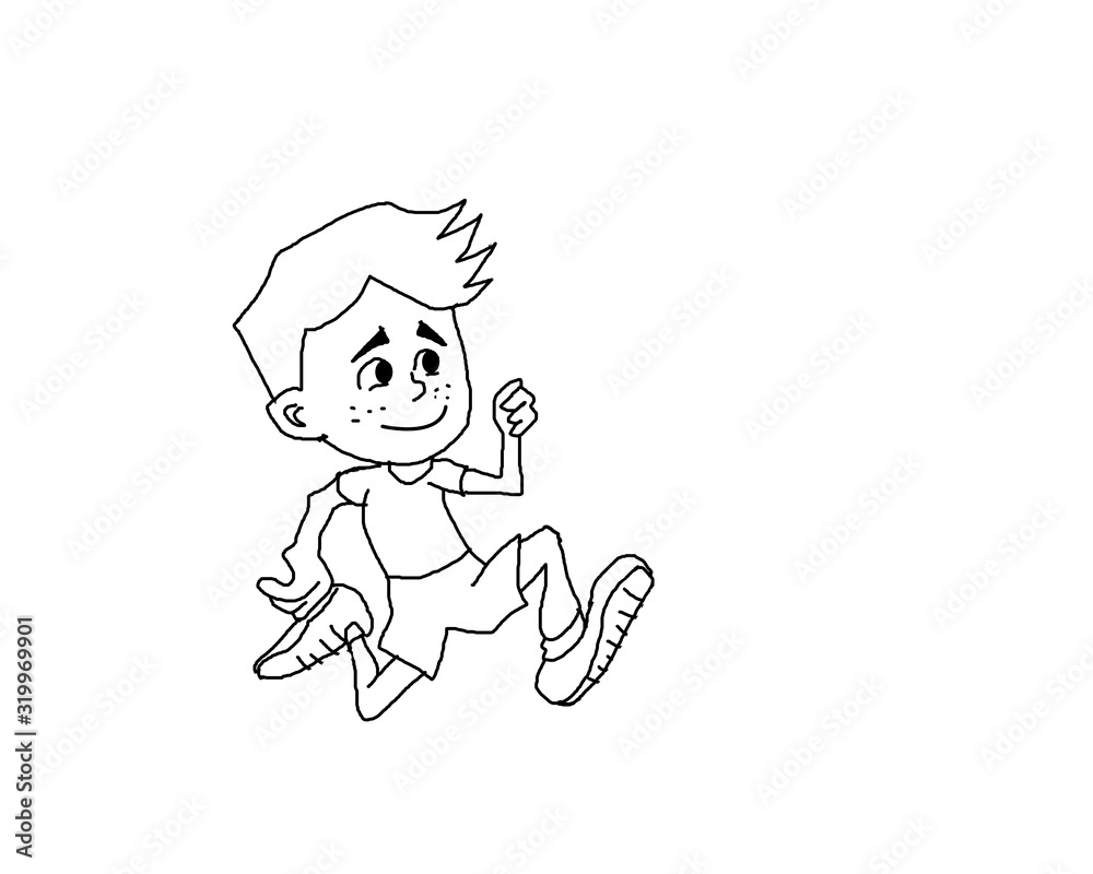 Drawing of happy running boy,outlined cartoon pattern for coloring book for kids ,sport , Drawing of happy running boy,outlined cartoon pattern for coloring book for kids ,sport ,