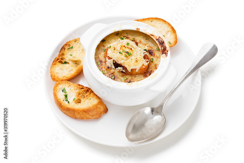 Homemade French onion soup with toasted baguette and melted cheese. isolated on white background