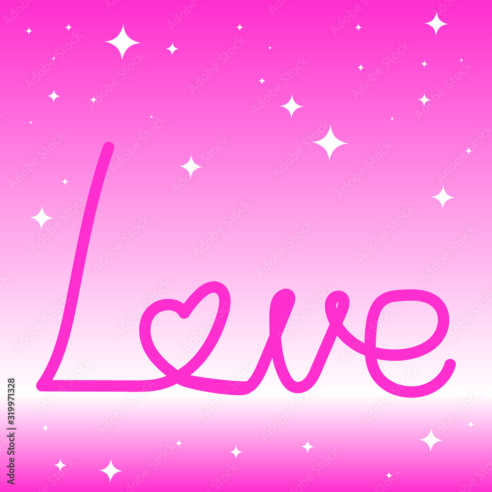 Love poster. Banner for Valentine's Day. Lettering love on a pink background with asterisks. Vector illustration.