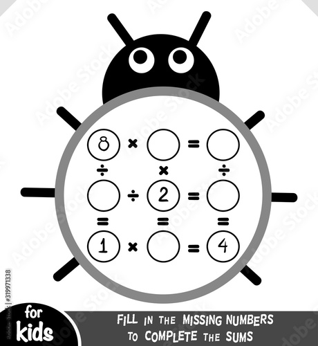 Counting Game for Preschool Children. Educational a mathematical game. Multiplication and division worksheets with ladybug