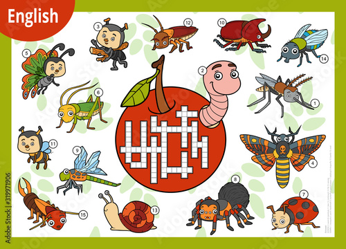 Vector crossword in English, education game for children. Cartoon set of insects and little animals