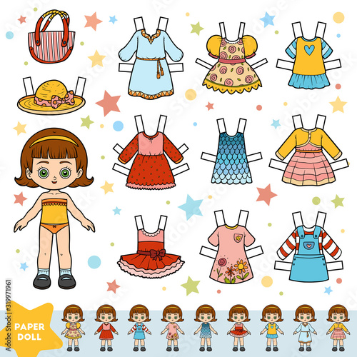 Cartoon vector set, cute paper doll and set of summer clothes