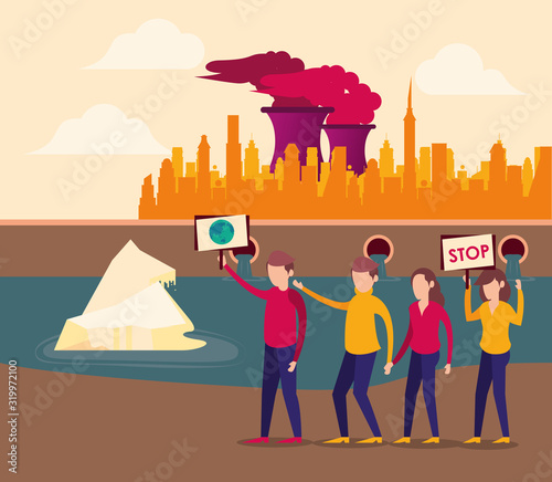 global warming alert with people and polluting factory