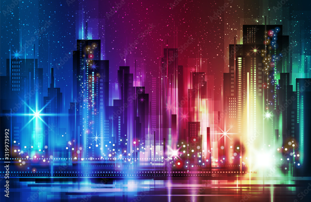 Night city background in vivid colors