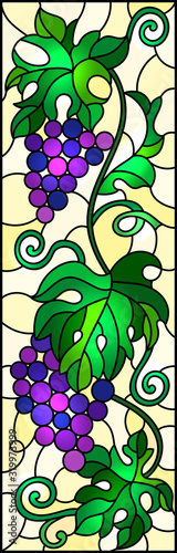 The illustration in stained glass style painting with a bunch of red grapes and leaves on a yellow background