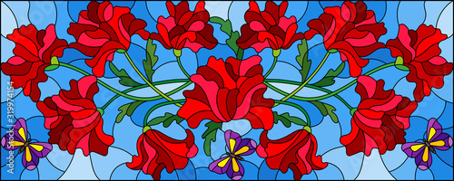 Illustration in stained glass style with flowers, leaves and buds of a poppy flower on a blue background, horizontal orientation