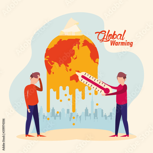 global warming alert with people and melting planet