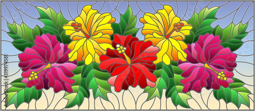 Illustration in stained glass style with flowers and leaves  of hibiscus on a blue background