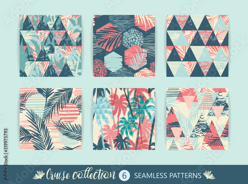 Set of tropical and sea seamless patterns with hand texture and geometric elements.