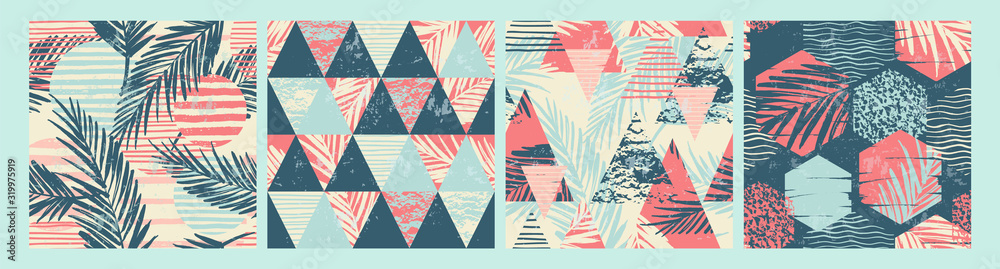 Set of tropical and sea seamless patterns with hand texture and geometric elements.