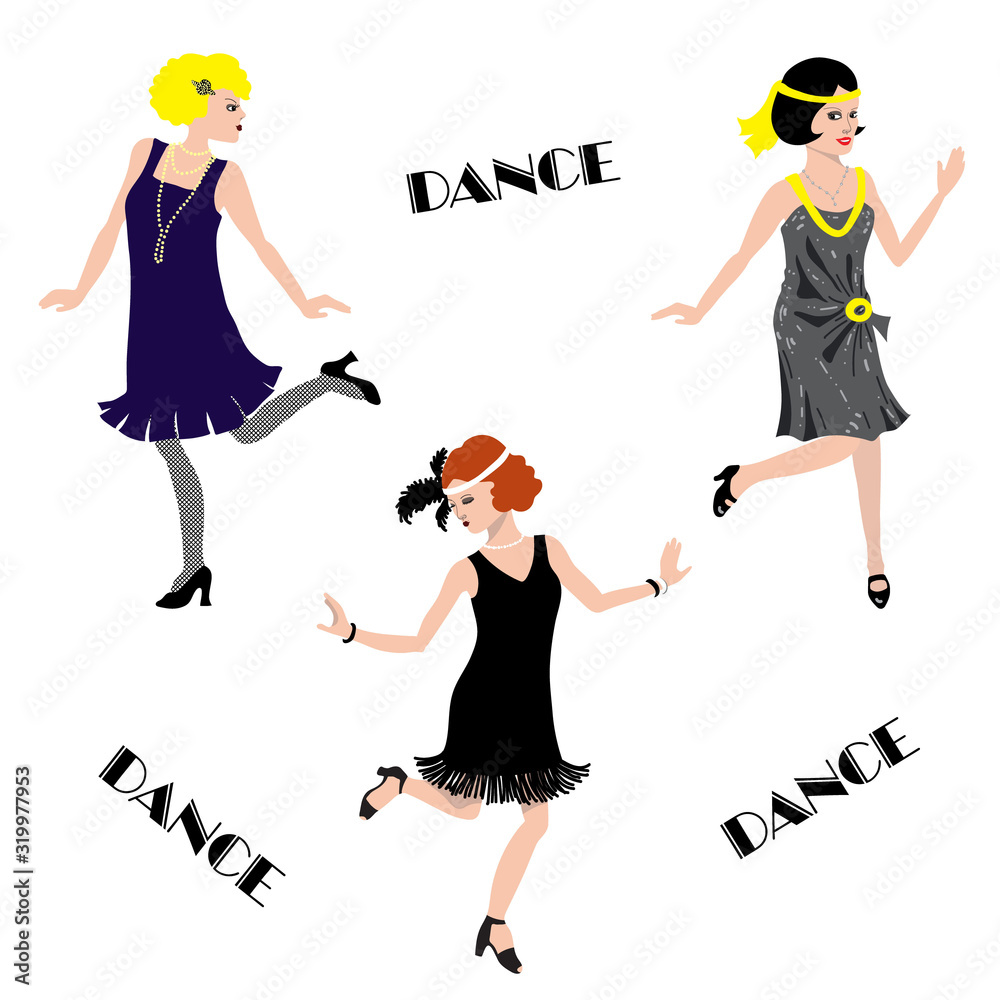 Fototapeta premium he 1920s in charleston dance pose. Beautiful blonde, brunette and redhead in flat style on a white background. Set for posters, invitations to retro parties