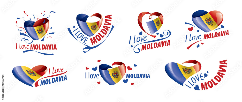 National flag of the Moldova in the shape of a heart and the inscription I love Moldova. Vector illustration