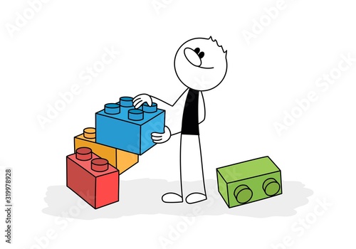 Doodle stick figure: man playing blocks. Hand drawn cartoon vector illustration for business and school design.