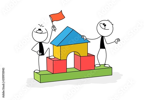 Doodle stick figure: Man with flag, colourful wooden blocks toy, house. Hand drawn cartoon vector illustration for business and school design.