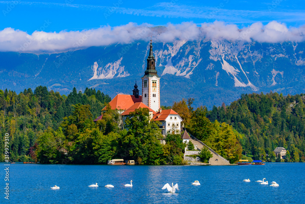 Bled Island on Lake Bled, a popular tourist destination in Slovenia