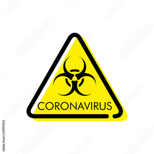 Señal de peligro biológico. Icono lineal señal de tráfico triangular con símbolo biohazard y texto CORONAVIRUS con color amarillo