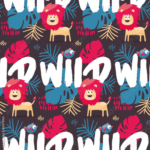 Seamless animal cute tropical wild pattern with lion  bird  leaves  plants and graphic elements