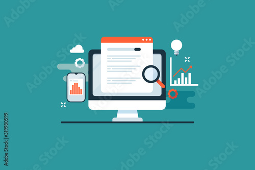 SEO strategy, website traffic, web page views, content optimization and measuring user experience with data analytics app concept. Web banner flat design template.