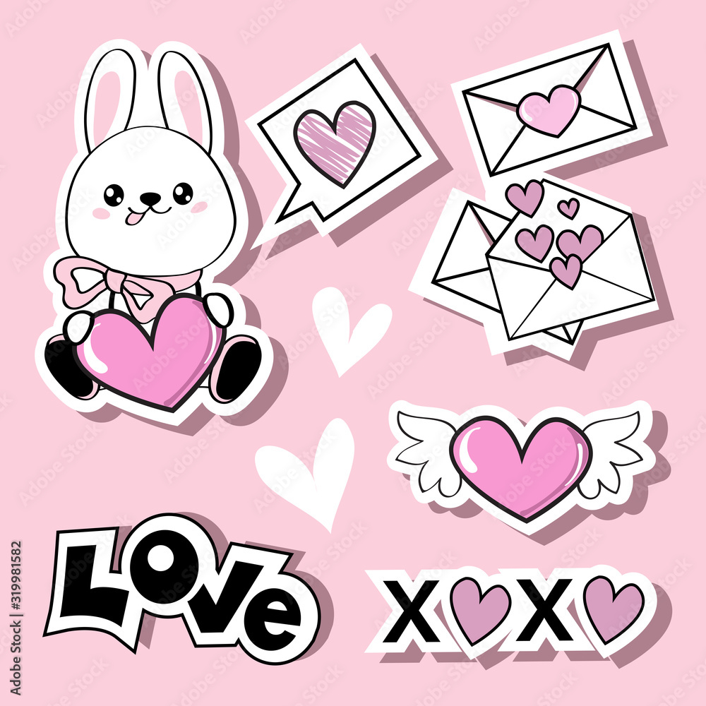 Fashion patch badges with funny bunny and pink heart on a pink background. Valentines day card Fashion patch badges with funny bunny and pink heart on a pink background. Valentines day card