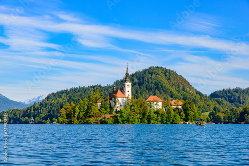 Fototapeta Naklejka Na Ścianę i Meble -  Bled Island on Lake Bled, a popular tourist destination in Slovenia