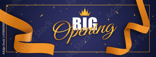 Big Opening Font with Crown and Golden Confetti Ribbon on Blue Background.