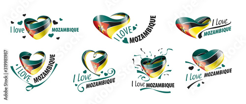 National flag of the Mozambique in the shape of a heart and the inscription I love Mozambique. Vector illustration
