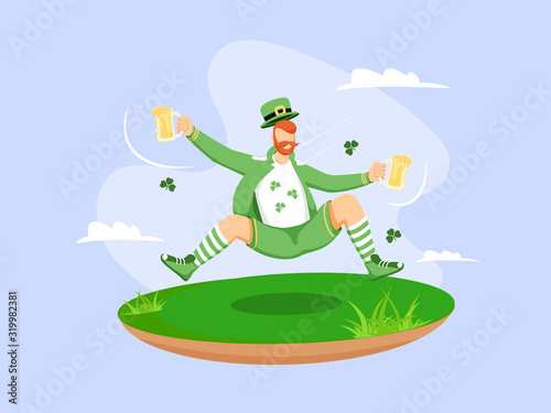 Cartoon Leprechaun Man holding Beer Mugs in Jumping Pose on Garden View and Blue Background.