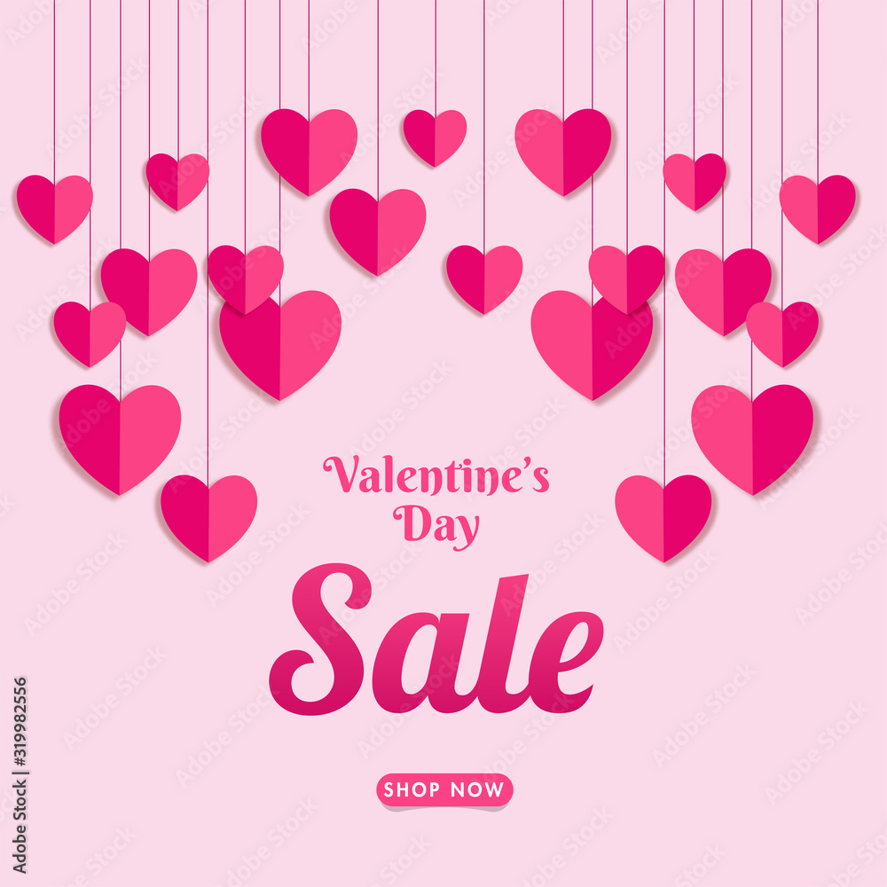 Valentine's Day Sale Poster Design Decorated with Paper Cut Hearts Hang on Pastel Pink Background.