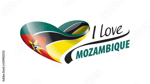 National flag of the Mozambique in the shape of a heart and the inscription I love Mozambique. Vector illustration