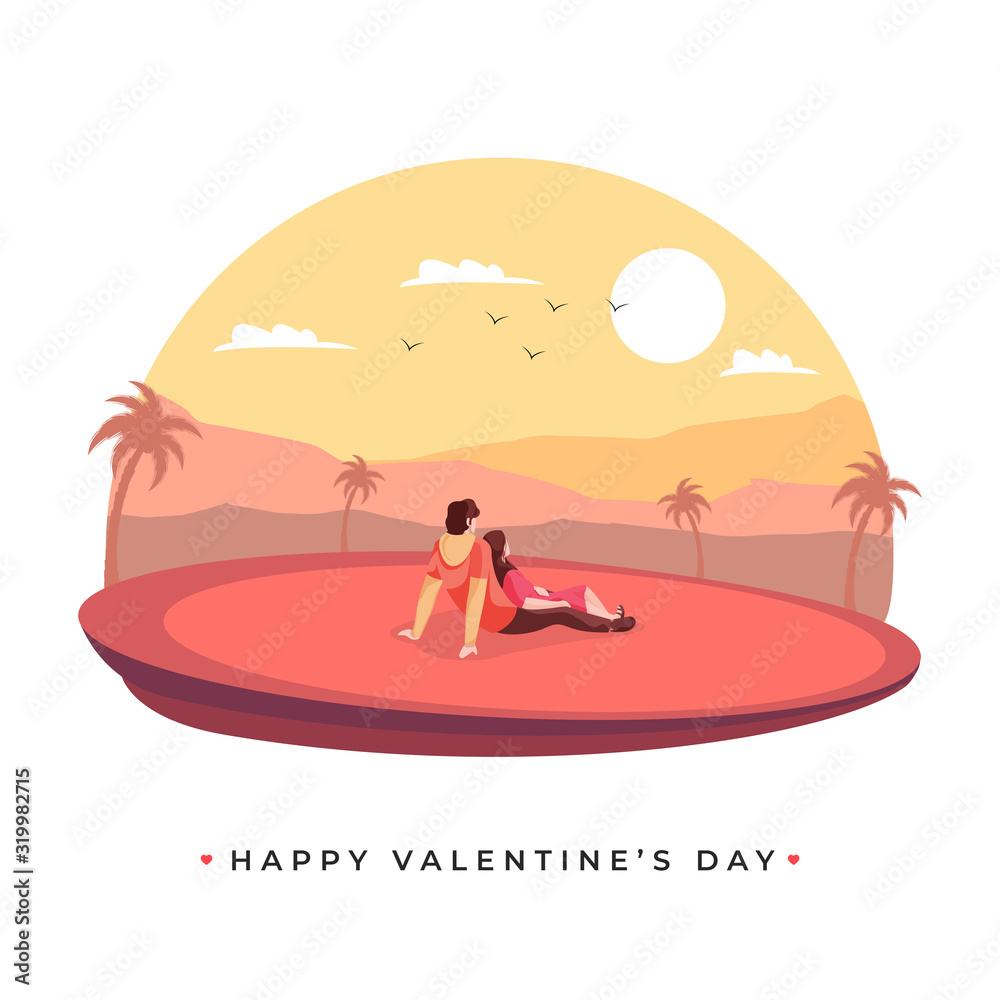 Back View of Young Lover Couple Sitting on Sun Nature Landscape Background for Happy Valentine's Day Celebration Concept.