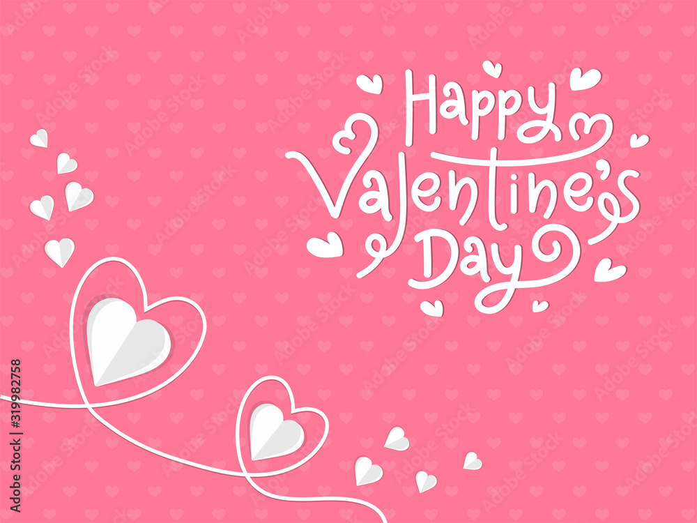 Happy Valentine's Day Font with Paper Hearts on Pink Background.