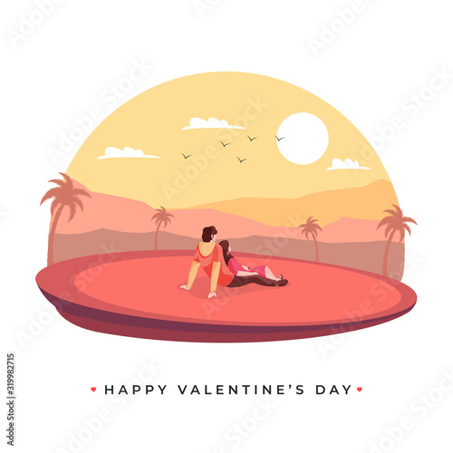 Back View of Young Lover Couple Sitting on Sun Nature Landscape Background for Happy Valentine's Day Celebration Concept.