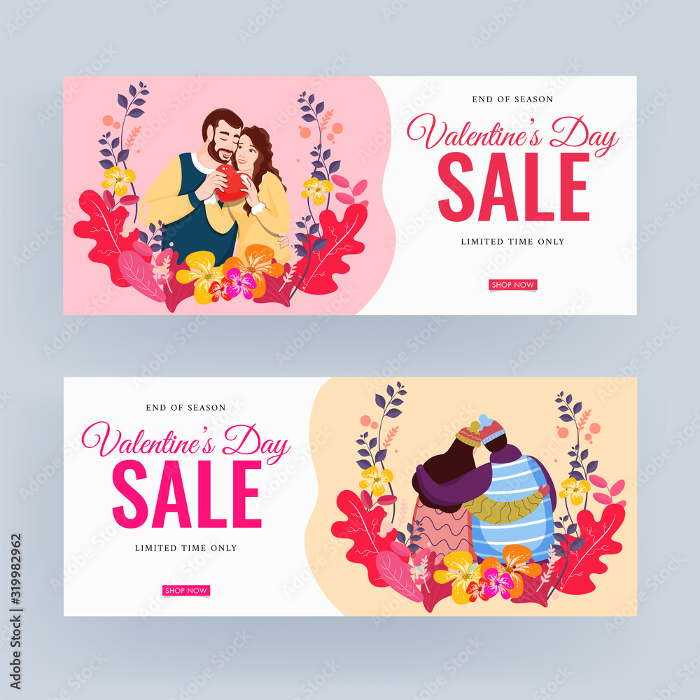 Valentine's Day Sale Header or Banner Design with Lover Couple Character and Floral in Two Color Option. Valentine's Day Sale Header or Banner Design with Lover Couple Character and Floral in Two Color Option.