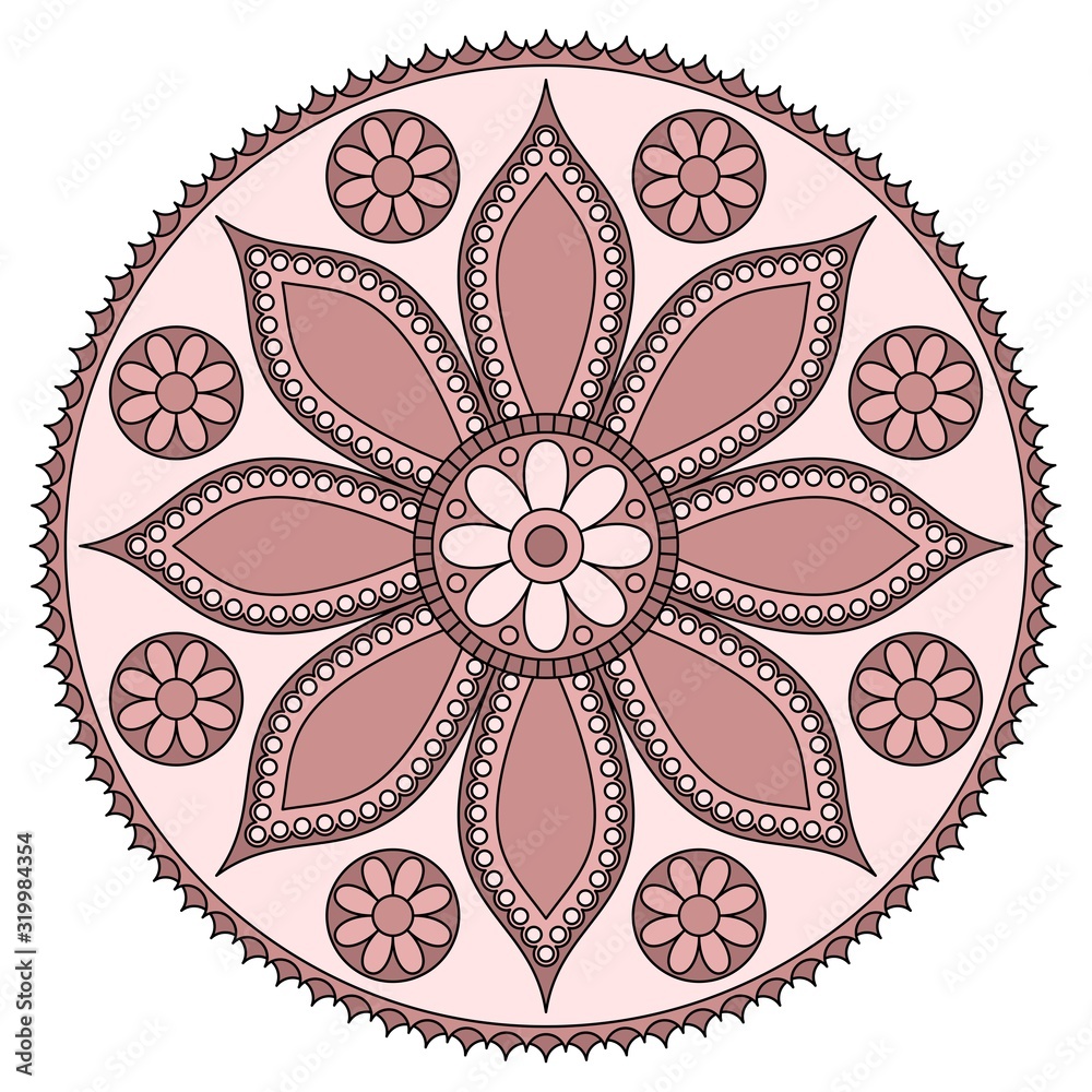 Round mandala with floral pattern in dusty rose colors. Vector drawing.