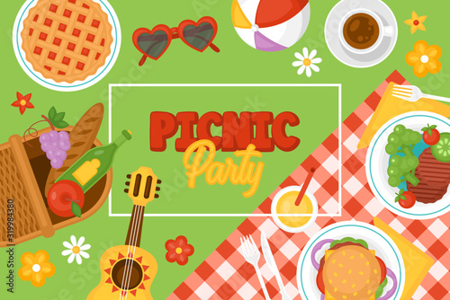 Picnic party banner design with basket, food and fruits top view.
