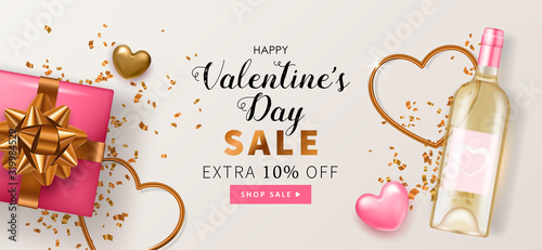 Valentine's day banner template for social media advertising, invitation or poster design with realistic heart shapes, wine bottle and gift box top view.