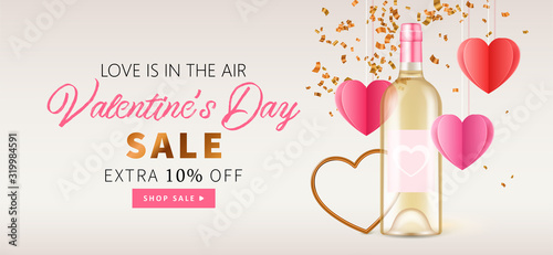 Valentine's day banner template for social media advertising, invitation or poster design with realistic wine bottle and paper heart shape.