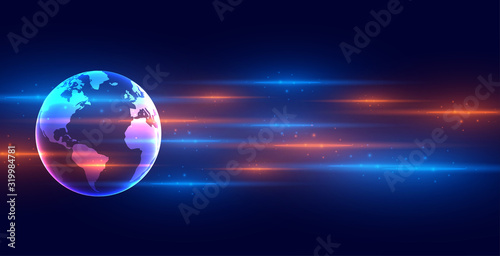 digital technology earth concept banner with light streaks