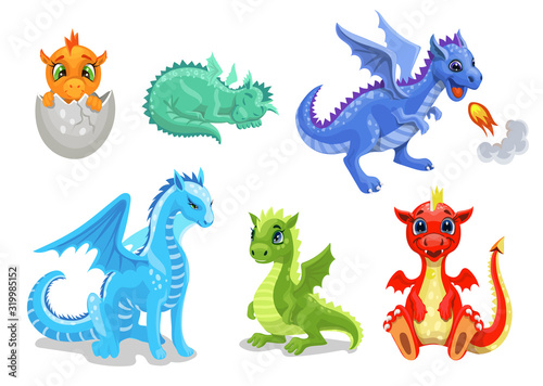 Cartoon dragon set. Fairy cute dragonfly icons collection. Baby fire dragon or dinosaur cute characters isolated vector. Fairytale monsters. photo