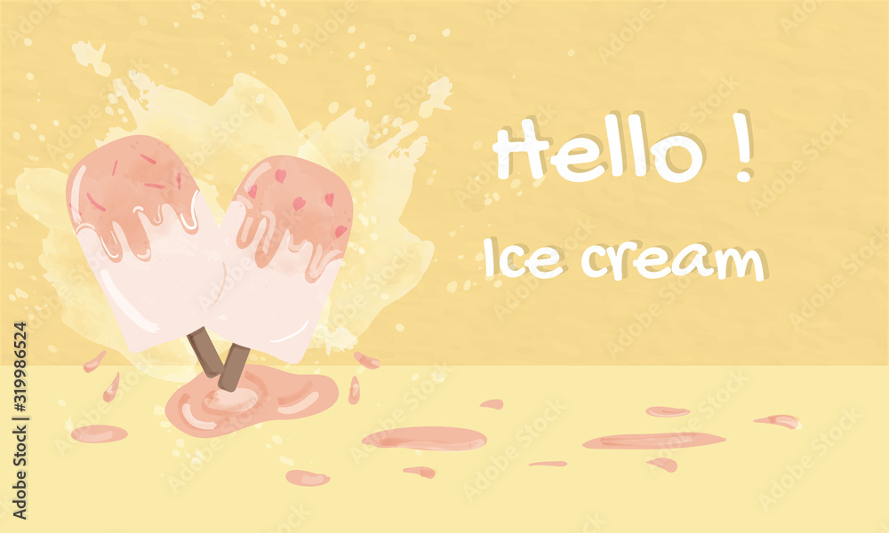 two sweet popsicle ice cream water color design background put on yellow pastel paper.they are melting.dessert lover is happy.cute cover for bakery food yummy shop.decoration with white wording. two sweet popsicle ice cream water color design background put on yellow pastel paper.they are melting.dessert lover is happy.cute cover for bakery food yummy shop.decoration with white wording.