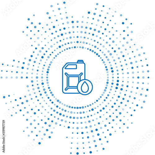 Blue line Plastic canister for motor machine oil icon isolated on white background. Oil gallon. Oil change service and repair. Abstract circle random dots. Vector Illustration