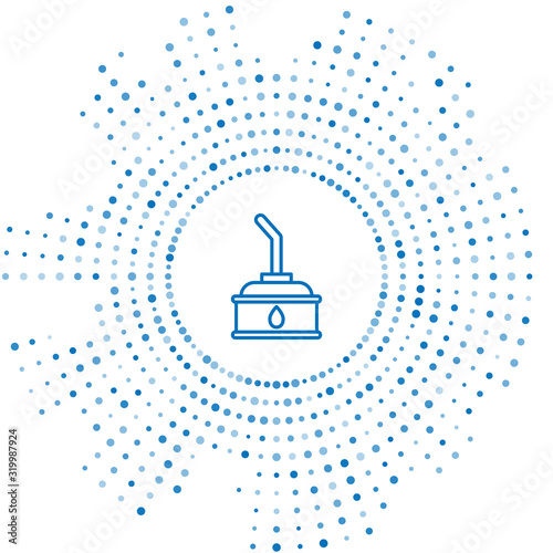 Blue line Canister for motor machine oil icon isolated on white background. Oil gallon. Oil change service and repair. Abstract circle random dots. Vector Illustration