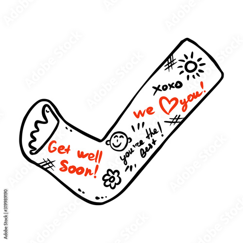 Broken leg cast doodle with positive writings from friends. Injured limb in gypsum plaster. Good get well soon wishes. Media glyph graphic symbol