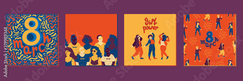 8 March card set with lettering,seamless pattern of diverse female portraits,three dancing happy girls and pattern with different women in full size.International women's day concept.Flat style vector