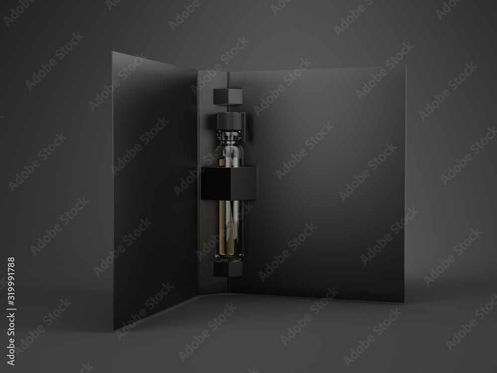 Perfume glass tester vial with blank black paper cover for you design template. 3d rendering Perfume glass tester vial with blank black paper cover for you design template. 3d rendering