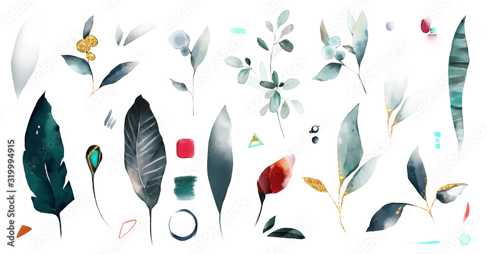 set watercolor leaves , wild herbs. abstract and herbal illustration. Botanic tropic composition.  Exotic modern design - obrazy, fototapety, plakaty 