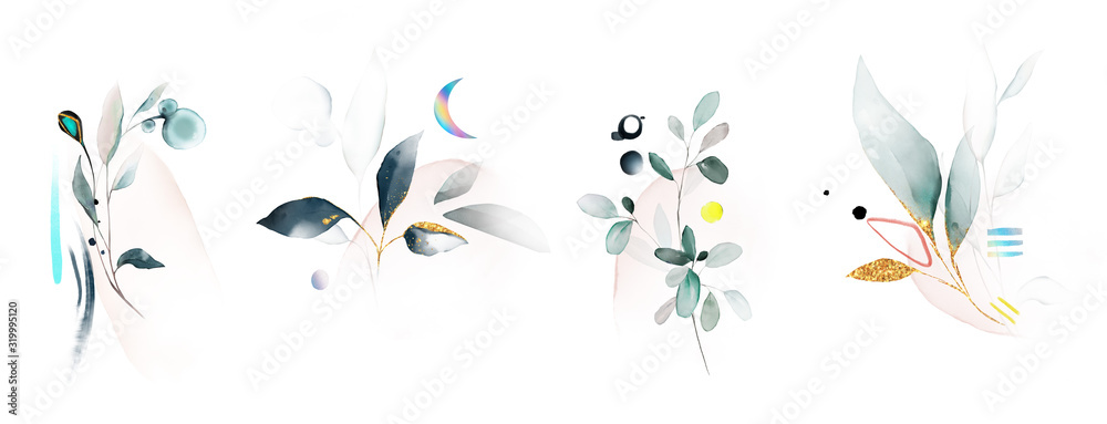 watercolor arrangements with leaves, herbs.  herbal illustration. Botanic composition for wedding, greeting card.