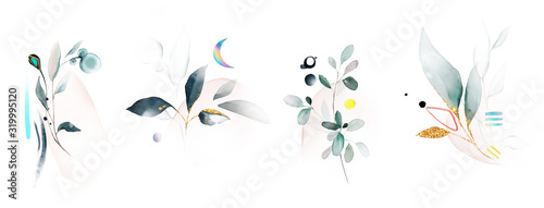  watercolor arrangements with leaves  herbs.  herbal illustration. Botanic composition for wedding  greeting card.